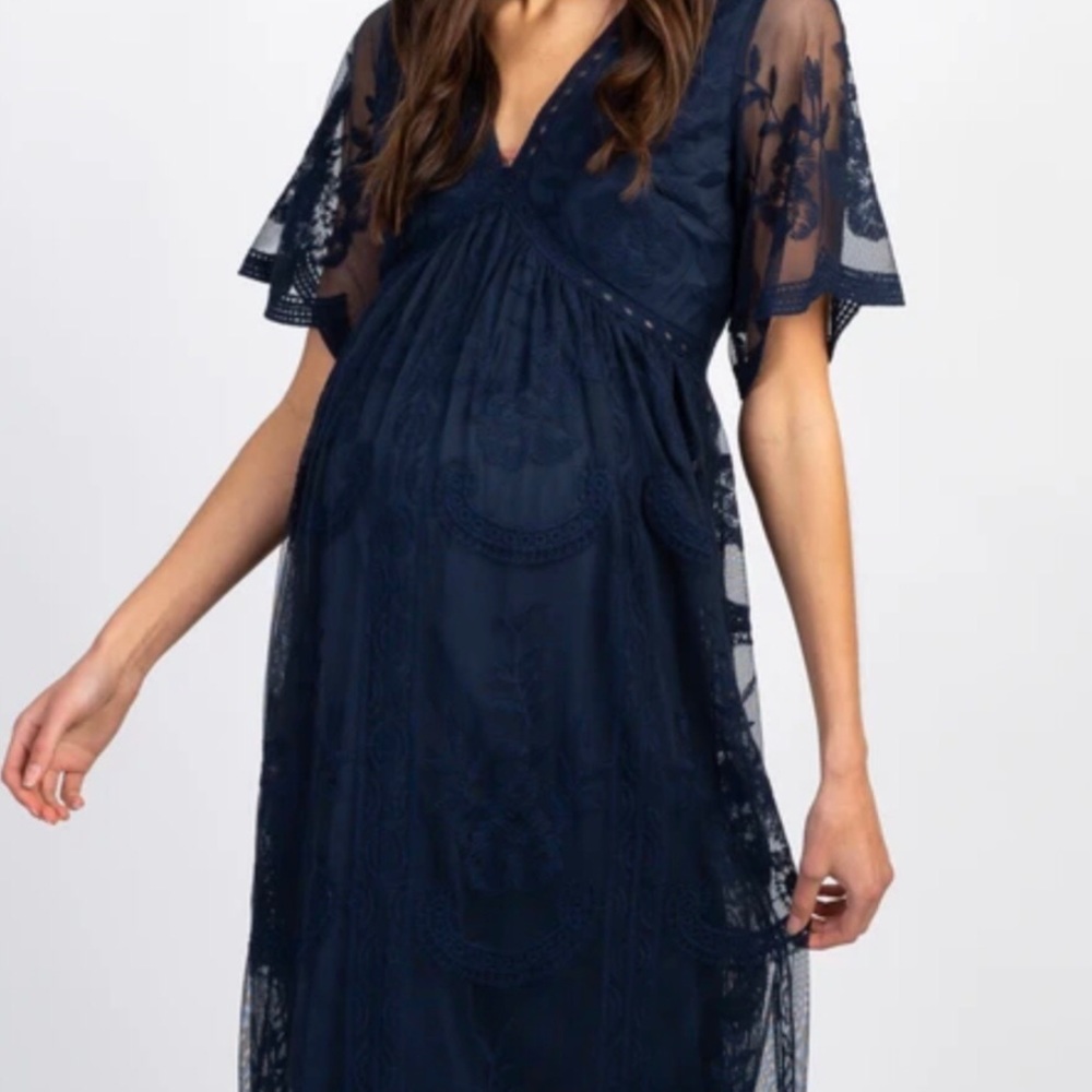 PinkBlush Navy Blue Lace Mesh Overlay Maternity Maxi Dress